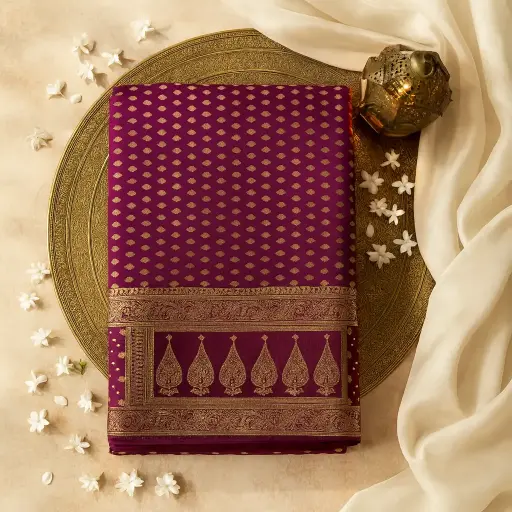 [73517034JN11A4] Elegant Wine Designer Saree with Intricate Zari Border Work