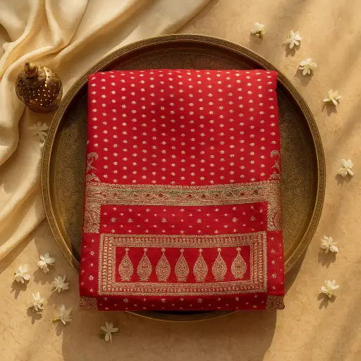 [73517046JN11A4] Elegant Red Designer Saree with Traditional Gold Zari Embroidery 