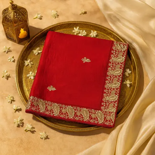 [73513001HN03B9] Luxury Red Designer Saree with Exquisite Gota Patti Border