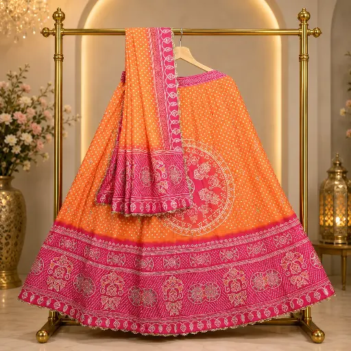 [96018001EO13E7] Women's Orange & Pink Bandhani Print Lehenga Choli with Dupatta