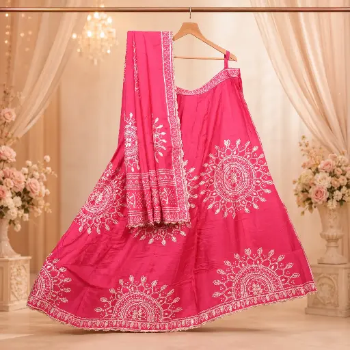 [96018001EO14E7] Women's Rani Pink Lehenga Choli with Mirror Embroidery and Matching Dupatta