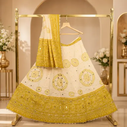 [96018001EO18E7] Women's Cream Mustard Embroidered Lehenga Choli with Dupatta