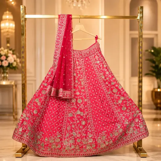[70818001KU3797] Women's Coral Pink Lehenga Choli with Gold Embroidery and Matching Net Dupatta