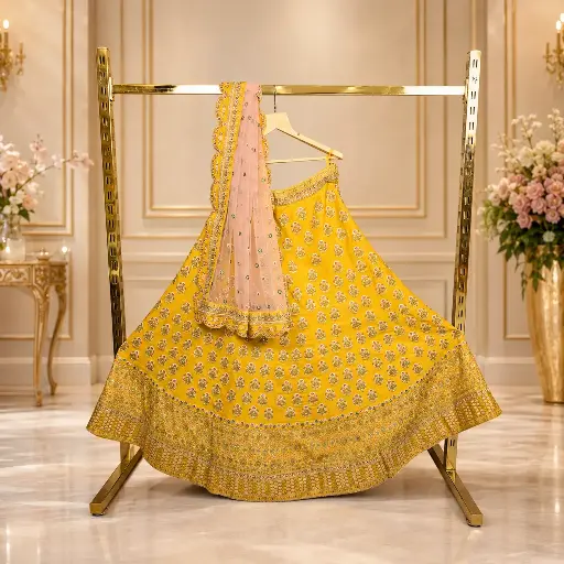 [70818001KU6097] Women's Mustard Yellow Lehenga Choli with Mirror Work and Blush Pink Dupatta