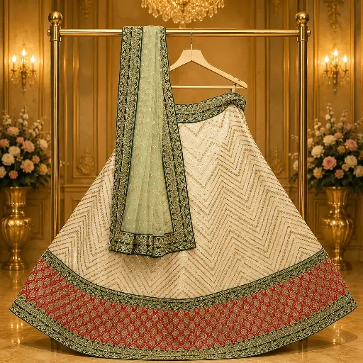[70818001LL0697] Women's Ivory Sequin Lehenga Choli with Mint Green Dupatta