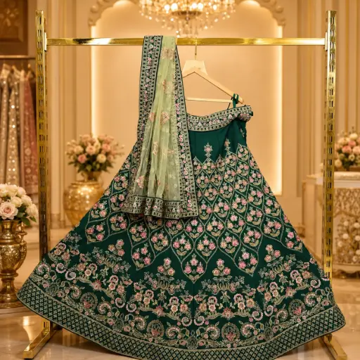 [70818001PR7497] Women's Emerald Green Bridal Lehenga Choli with Floral Embroidery and Net Dupatta for Wedding Events
