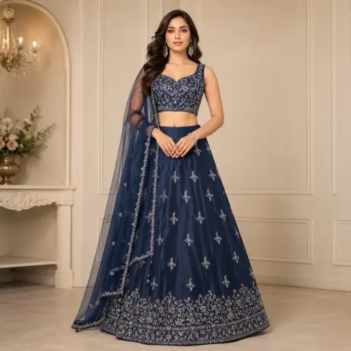 [32418021GN00C9] Women's Navy Blue Silver Embroidered Lehenga Choli with Net Dupatta for Wedding and Festive Wear Set