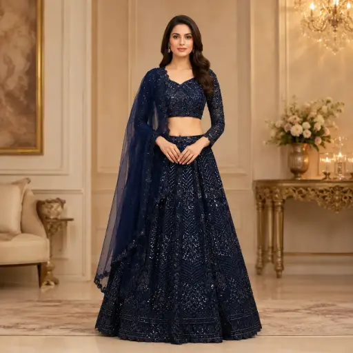 [32418021GO43D0] Women's Navy Blue Embroidered Lehenga Choli with Net Dupatta for Wedding Reception Festive Wear Set