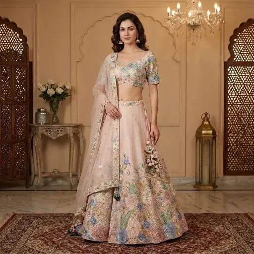 [32418031GN52D0] Blush Pink Resham and Mirror Embroidered Silk Lehenga Set