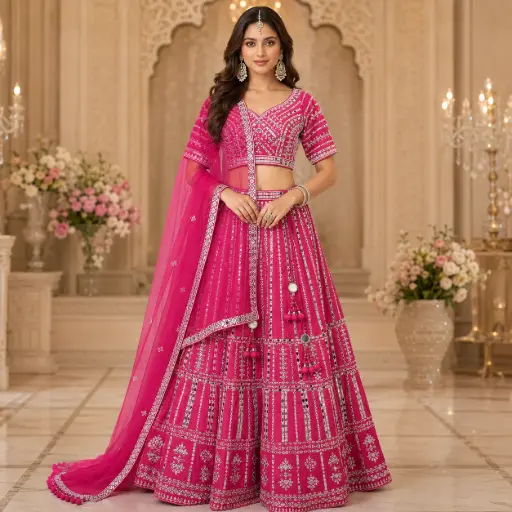 [32418031GN53D0] Women's Fuchsia Pink Mirror Work Lehenga Choli with Net Dupatta for Wedding & Festive Party Wear Set