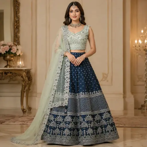 [32418036GN01C9] Women's Navy Blue Embroidered Lehenga Choli with Mint Net Dupatta for Wedding Reception Festive Wear