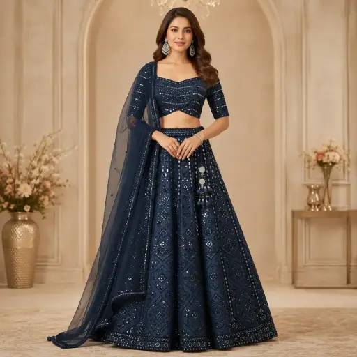 [32418039GO73D0] Women's Navy Blue Mirror Work Lehenga Choli Set with Net Dupatta for Wedding and Festive Party Wear