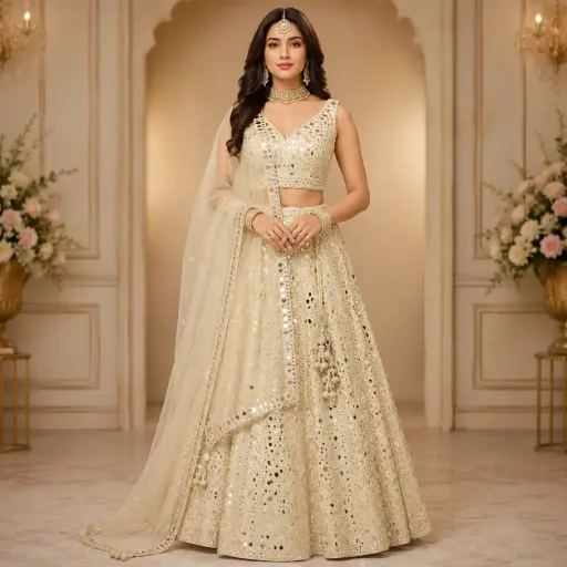 [32418064GN03C9] Women's Ivory Mirror Work Lehenga Choli with Net Dupatta for Wedding Reception & Festive Party Wear