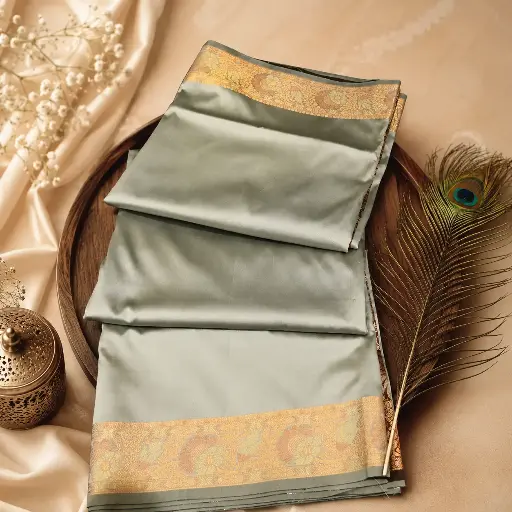 [85009001GW83D3] Silver Grey Banarasi Silk Saree with Rose Gold Zari Border