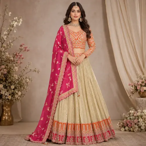 [18218002EG66E4] Women's Beige Orange Embroidered Lehenga Choli with Pink Dupatta for Wedding and Festive Party Wear
