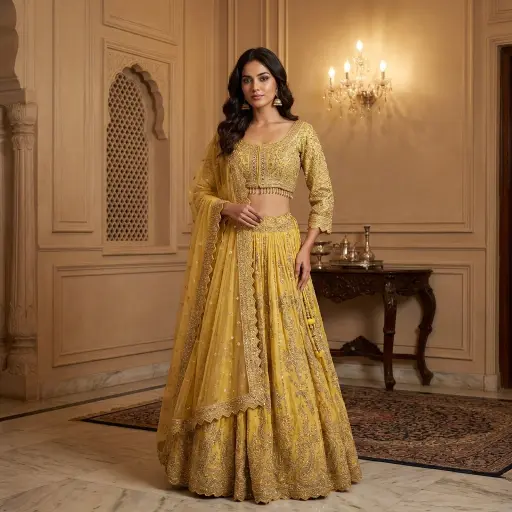 [18218037FY41E2] Sunshine Yellow Embroidered Georgette Lehenga Choli Set