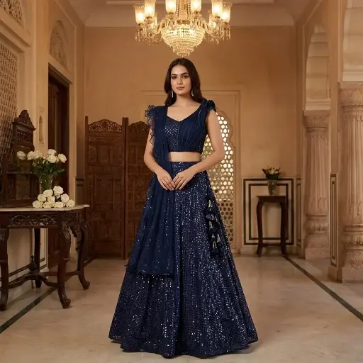 [18242027IB73A7] Navy Blue Sequin Embellished Pleated Crop Top Lehenga Set