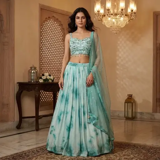 [18242029JK04A3] Sea Green Embroidered Crop Top Lehenga Set with Dupatta