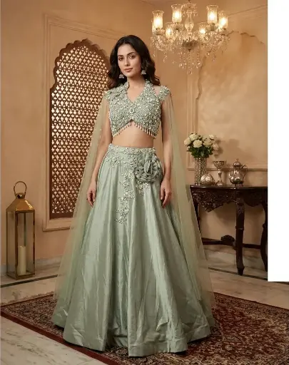 [18242032GL42C9] Pista Green Embroidered Crop Top Lehenga with Attached Cape