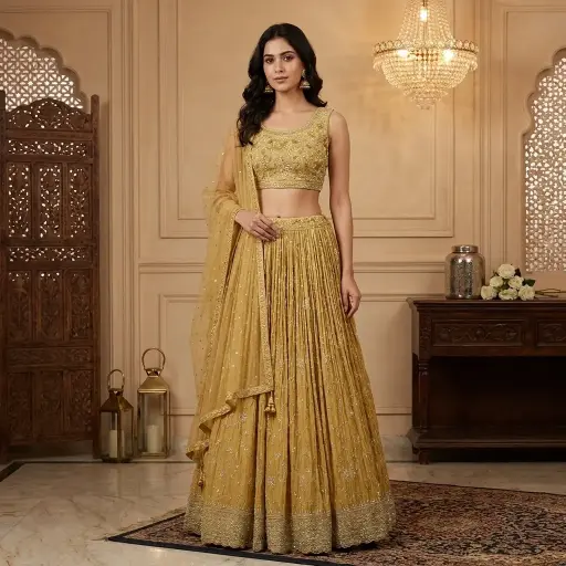 [18242043IQ99B1] Mustard Yellow Crushed Silk Embroidered Crop Top Lehenga Set 