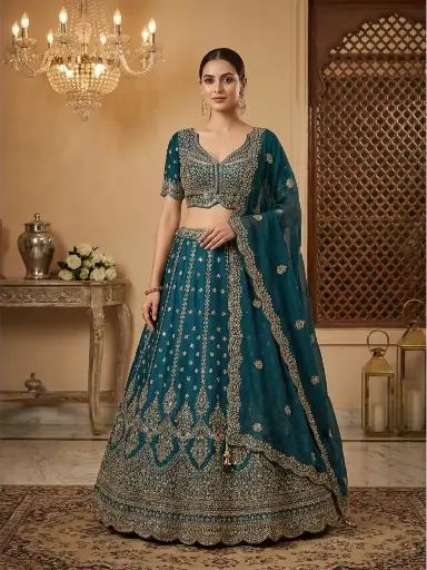 [18242048EH93E5] Rama Green Embroidered Silk Lehenga Choli Set