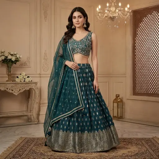 [18242048GZ14D4] Teal Rama Green Banarasi Silk Embroidered Lehenga Choli Set