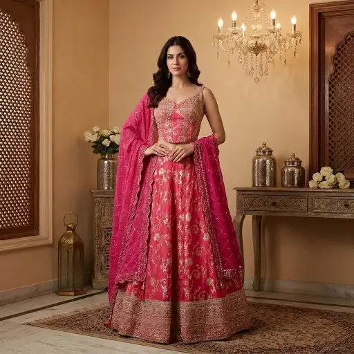 [18242050EG48E4] Rani Pink Banarasi Brocade Silk Embellished Lehenga Choli Set