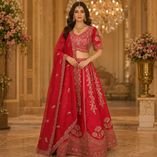 [18242050EH95E5] Women's Red Gold Embroidered Lehenga Choli with Dupatta for Wedding Reception and Festive Party Wear