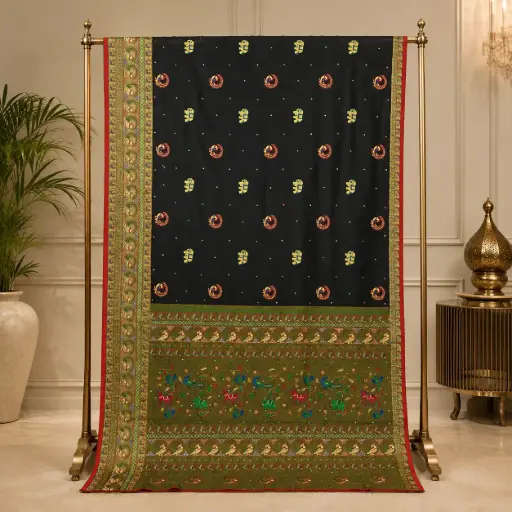 [03710001UO9033] Women's Black Saree with Elephant & Peacock Motifs and Ornate Golden Border