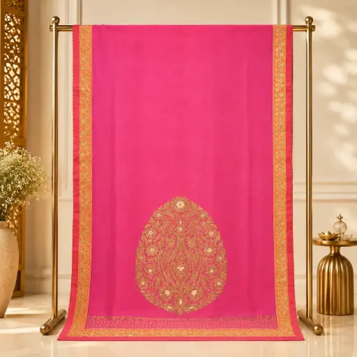 [03710001UR0133] Women's Rani Pink Saree with Golden Peacock Motif and Embroidered Border