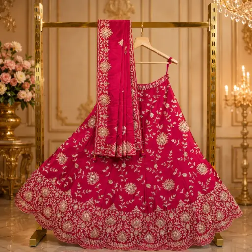[84818001FO61E0] Women's Magenta Pink Lehenga Choli with Gold Floral Embroidery and Matching Dupatta for Wedding Wear