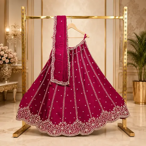 [84818001FR78E1] Women's Magenta Lehenga Choli with Silver Embroidery and Matching Dupatta