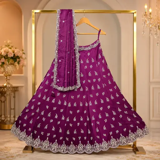 [84818021FM50E0] Women's Plum Purple Embroidered Lehenga Choli with Dupatta