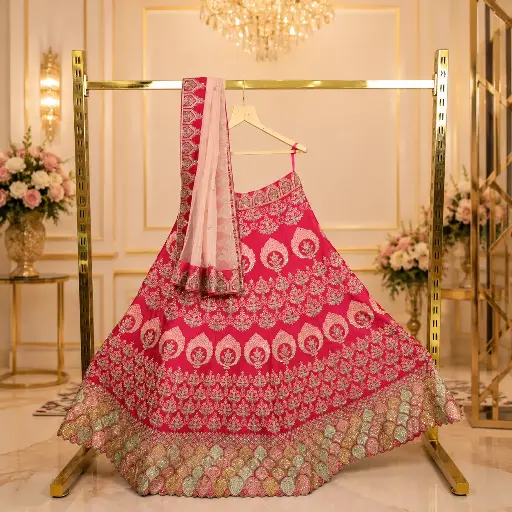 [84818028FM51E1] Women's Red Bridal Lehenga Choli with Gold Floral Embroidery & Matching Dupatta