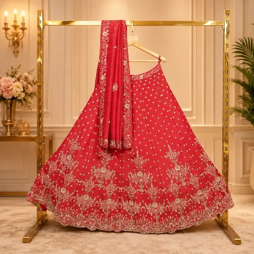 [84818051FV15E1] Women's Coral Pink Lehenga Choli with Silver Floral Embroidery and Matching Dupatta