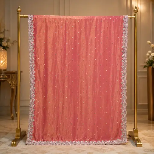 [84817001FK14E0] Rose Pink Mirror Work Saree with Silver Floral Lace Border