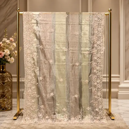 [84817001FK39E0] Luxury Sage Green Striped Saree with Floral Embroidery and Scalloped Border