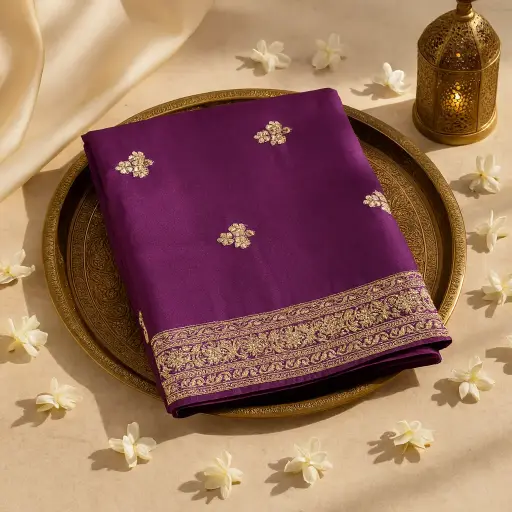 [84817001UA78C8] Royal Purple Silk Saree with Traditional Mirror Work Border