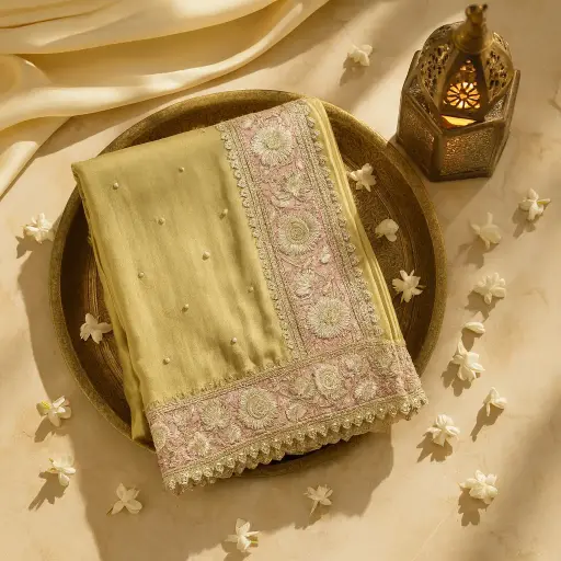 [84813001FK15E0] Elegant Olive Gold Tissue Saree with Hand-Embroidered Mauve Border