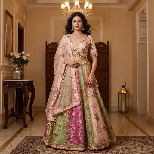 [86942001FE03D5] Blush Pink and Olive Multi-Panel Floral Banarasi Lehenga Set