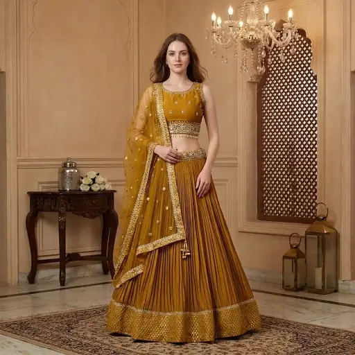 [92818001EN71E7] Mustard Yellow Pleated Lehenga Set with Mirror Work Blouse