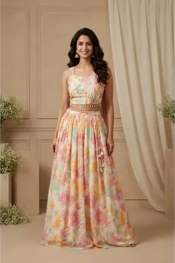 [92818001JB50E7] Floral Pastel Printed Georgette Corset Crop Top Lehenga Set