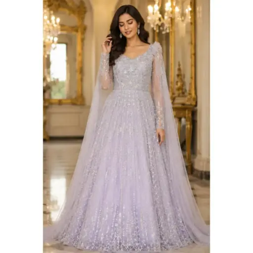 [92829001EN70E7] Women's Lavender Embroidered Evening Gown with Sequin Work, Designer Party Wear Long Dress