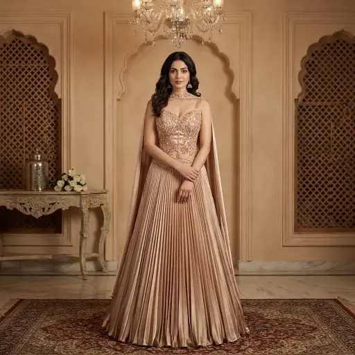 [95918001FS07E7] Champagne Rose Gold Pleated Lehenga with Embellished Corset Blouse