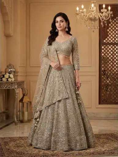 [95918001SK45E7] Champagne Silver Heavily Embellished Net Lehenga Choli Set 