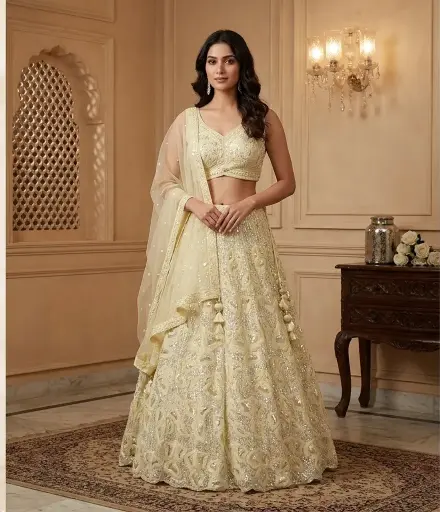 [95918001TD08E7] Pale Yellow Sequin Embellished Net Flared Lehenga Set