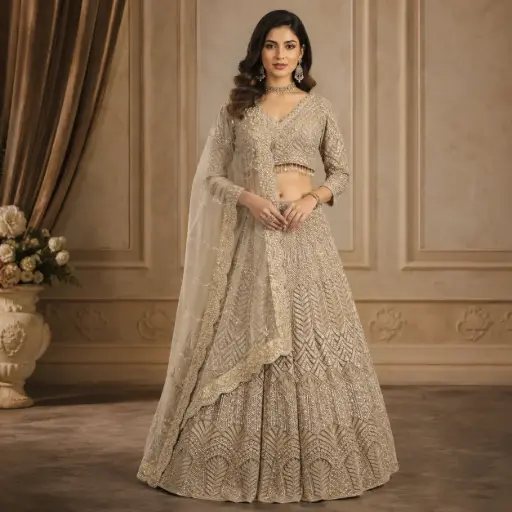 [95918001XJ85E7] Women's Silver Champagne Embroidered Lehenga Choli with Net Dupatta for Wedding Reception Party Wear