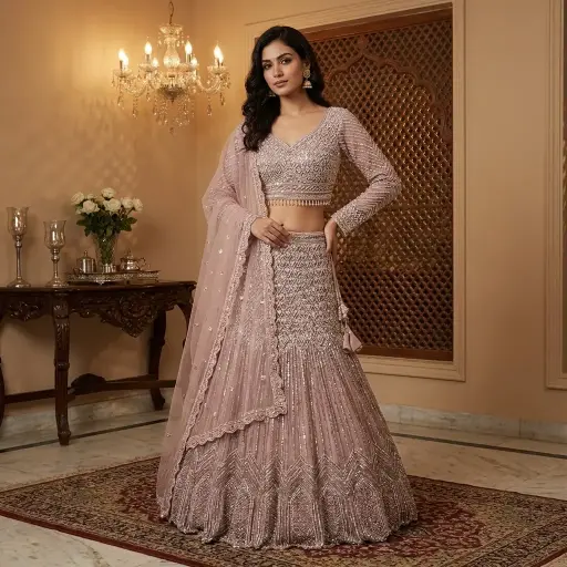 [95918001ZE88E7] Dusty Rose Hand Embellished Sequin and Cutdana Lehenga Set