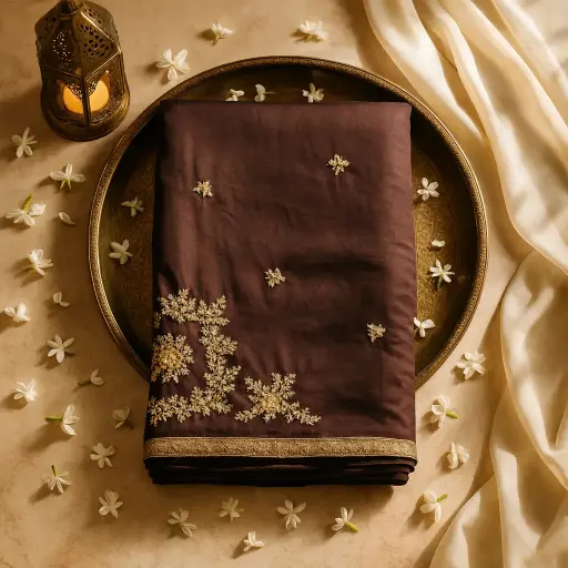 [20717001QW6349] Elegant Chocolate Brown Designer Saree with Exquisite Embellished Border