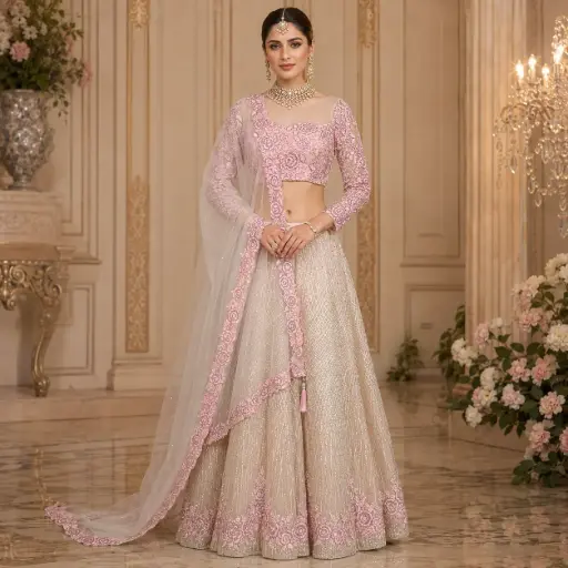 [16618001NH3684] Women's Ivory Pink Embroidered Lehenga Choli with Net Dupatta for Wedding Reception Festive Wear Set